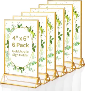 Gold Acrylic Sign Holder 4X6 Inch, 6 Pack Wedding Table Number Frames Vertical , Double Sided Display Gold Picture Frame, Clear Menu Holders for Wedding Reception, Party Decoration Svalor
