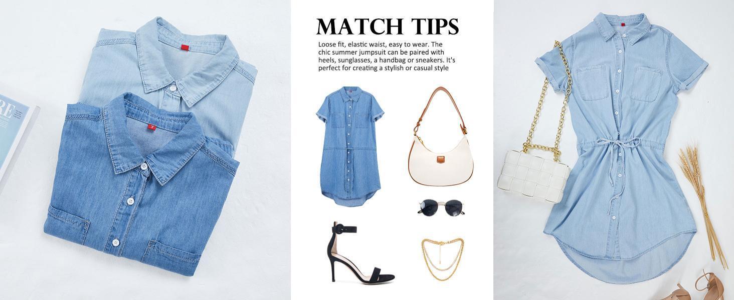 Imily Bela Women Denim Dress Summer Jean Shirt Dress Short Sleeve Button Down Tie Waist Casual Short Dress