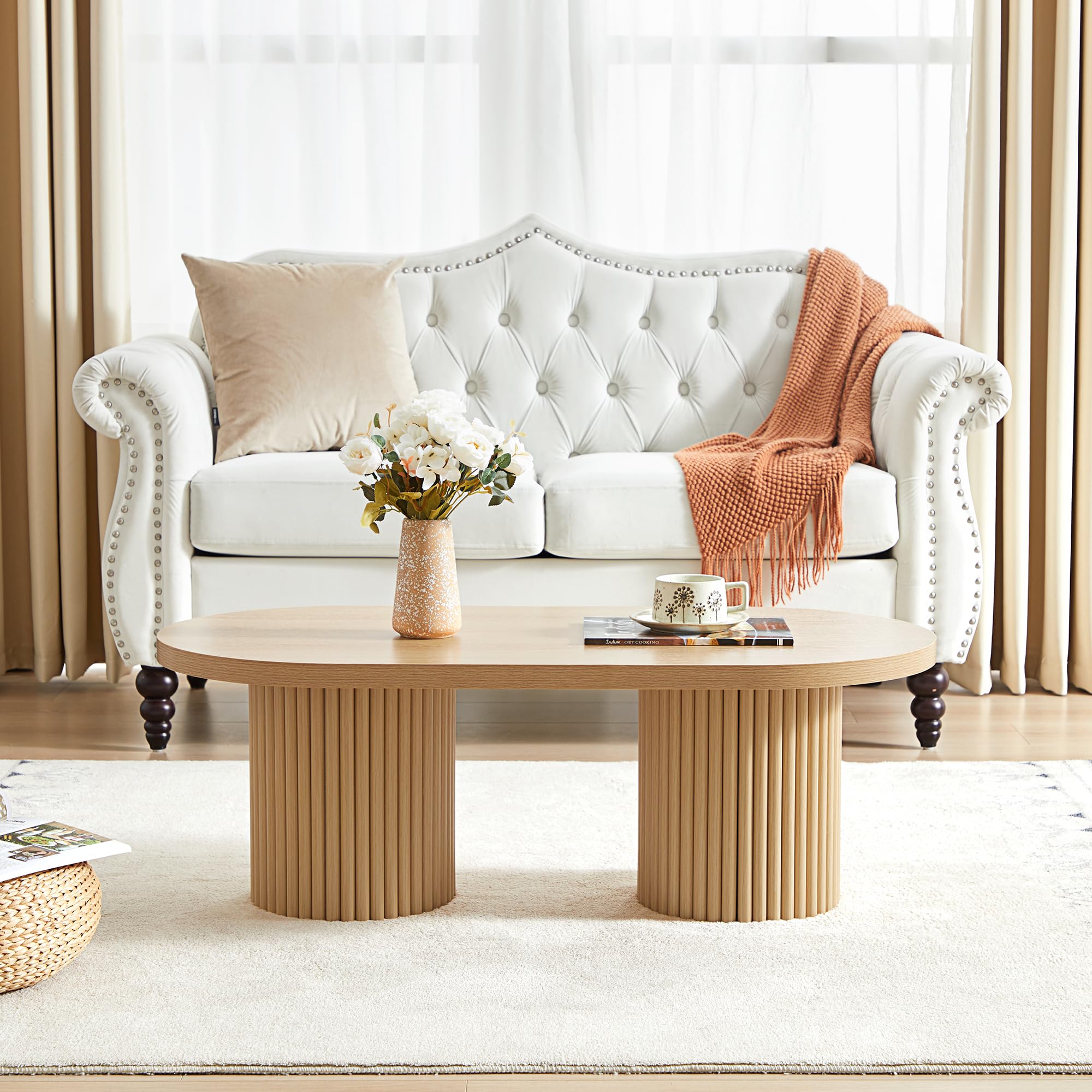 Giratree 39.38" Fluted Oval Coffee Table for Living Room, Boho Modern Coffee Table with Fluted Legs, Curved Round Wood Center Table for Home, Small Spaces, Office