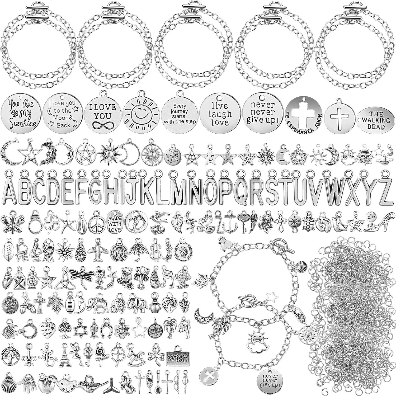 469-Piece Jewelry Making Kit with 10 Chain Bracelets, 159 Moon Star Tibetan Silver Charms, 300 Open Jump Rings, and OT Toggle Clasps, Moon Star Charms