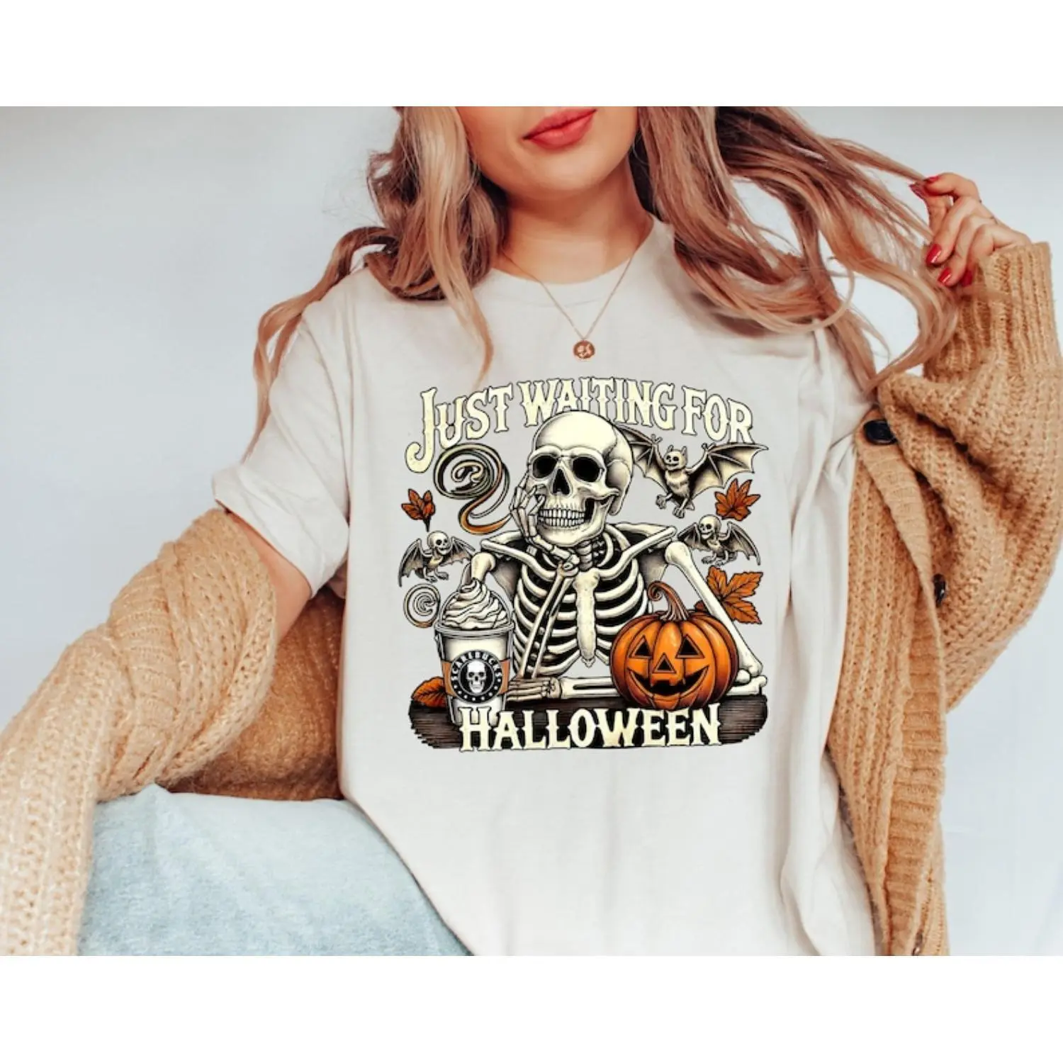 Just Waiting For Halloween Cotton T-shirt Funny Skeleton Pumpkin Spooky Fall Graphic Retro Halloween Womens T-shirt Perfect Halloween Gift