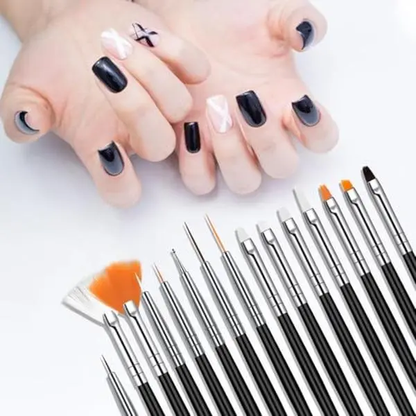 Professional Nail Care Rhinestone Bedazzling Kit - 15-Piece Black Handle Brush Set, Drawing Tools, Dotting Pens, 5 Dual-End Rhinestone Applicators for Creative Nails DIY Manicure Design (Black)