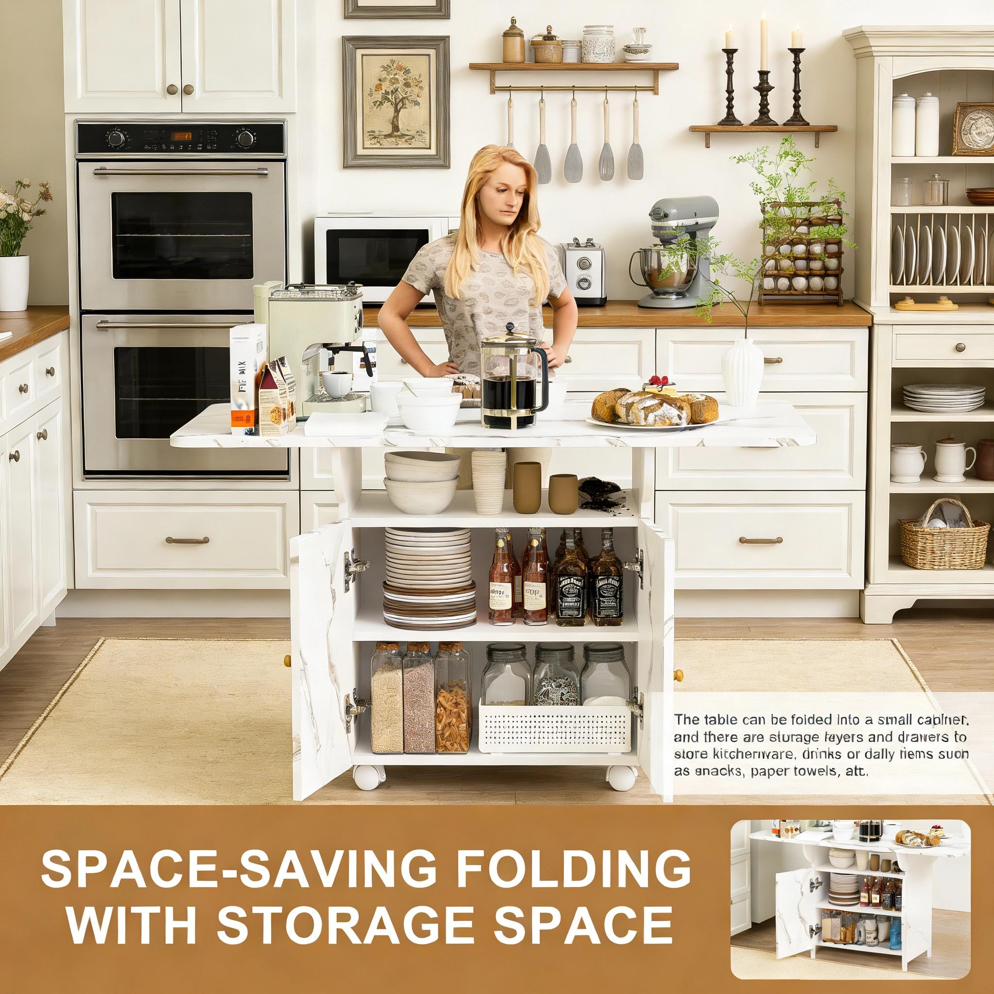47" Folding Table with Wheels & Storage | Multi-Function Kitchen Island, Dining Table, Desk, Coffee Table & Entryway Console | Space Saving Foldable Table with Marble Top, 6 Casters & Cabinet for Small Spaces, Apartments & Home Office