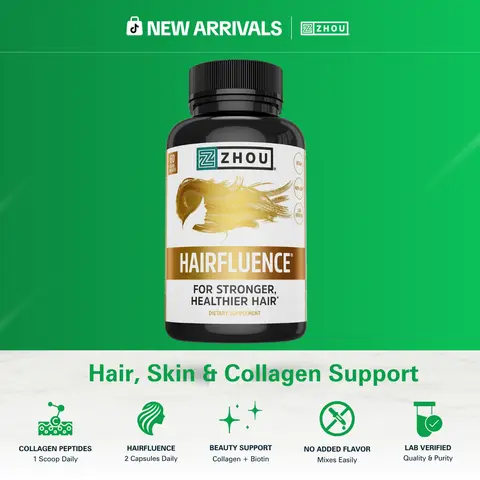 Zhou Hairfluence Hair Vitamin Supplement — Biotin + Collagen + Keratin + Bamboo Extract — Daily Hair, Skin & Nail Support for Men and Women