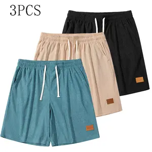 Men’s 3-piece set of retro corduroy casual shorts: loose fit with a twill fabric design and slanted pockets; breathable, street-style straight cut suitable for relaxed city walks and outdoor activities; drawstring athletic shorts — corduroy shorts