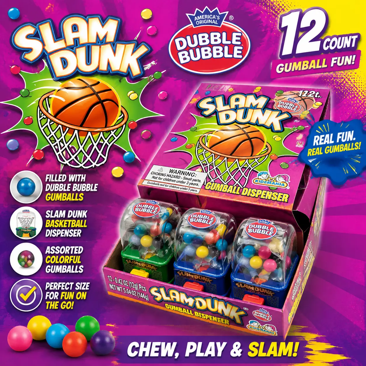 Dubble Bubble Slam Dunk Gumball Dispenser 12 Count  Mini Basketball Candy Dispensers with Bubble Gum | Fun Party Favors & Collectible Treats