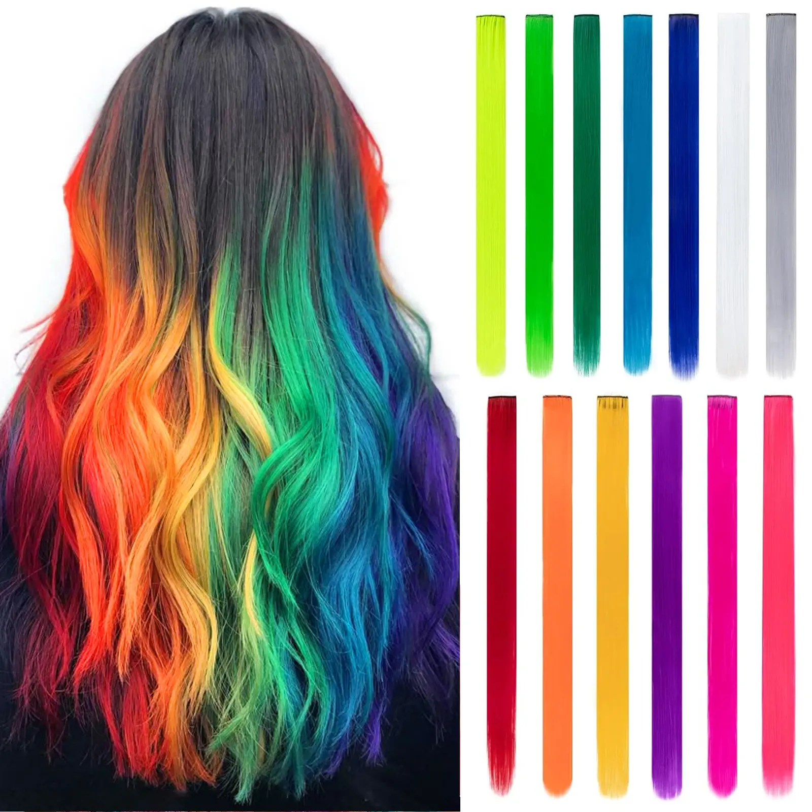 FXMONGYI Colored Hair Extensions 20Inch Straight Color Clip in Hair Extension Rainbow Party Highlights Synthetic Hairpiece
