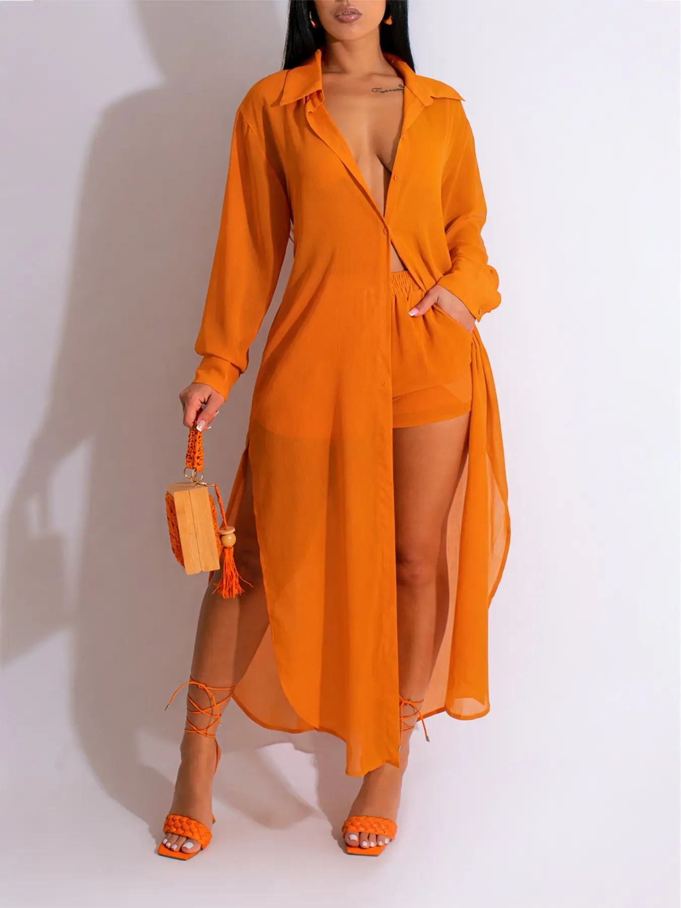 Women's Two-Piece Beach Set, Long-Sleeve Cardigan Shirt and High-Waisted Shorts, Loose Lightweight Breathable Vacation Outfit Style, Clothes