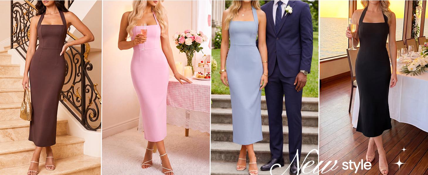 ZESICA Women's 2026 Summer Sleeveless Midi Dress Halter Neck Blackless Wedding Guest Cocktail Party Bodycon Long Dresses