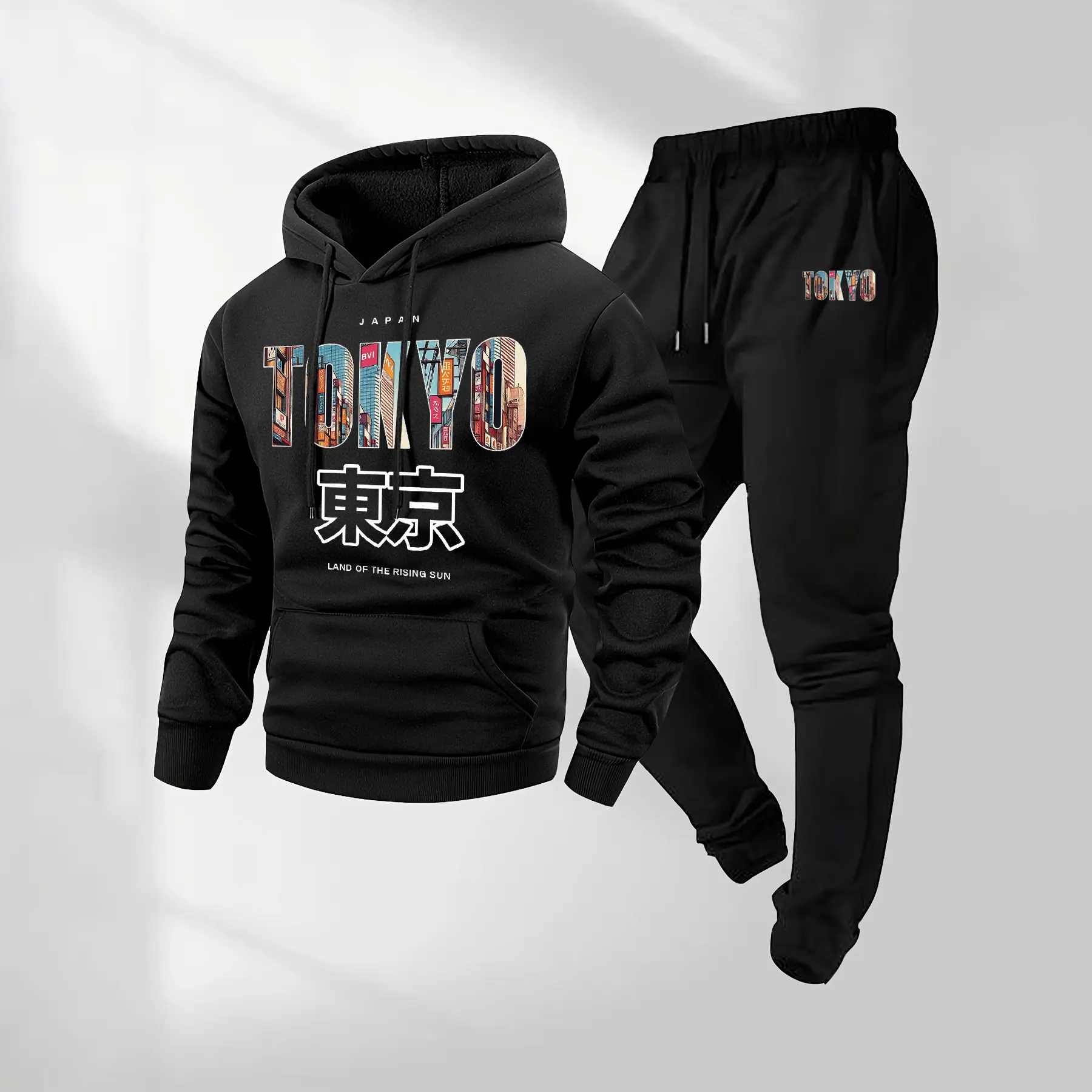 Men's Tokyo Pattern Print Hoodie and Drawstring Sweatpants Set with Pockets, Casual 2-Piece Sweatshirt and Jogger Outfit, Long Sleeve Fall Winter Sportswear, Athleisure Tracksuit Set for Indoor and Outdoor Activities