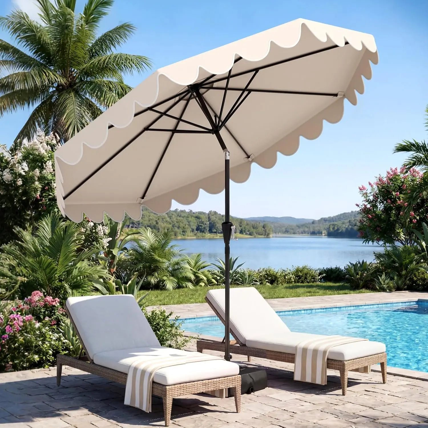 COSTWAY 10/9FT Patio Umbrella with Base Included, 2-Tiers Outdoor Scalloped Table Umbrella with 2 Sandbags, Tilt Adjustment, Crank, 8 Ribs for Market Backyard Pool Deck Beach Lawn