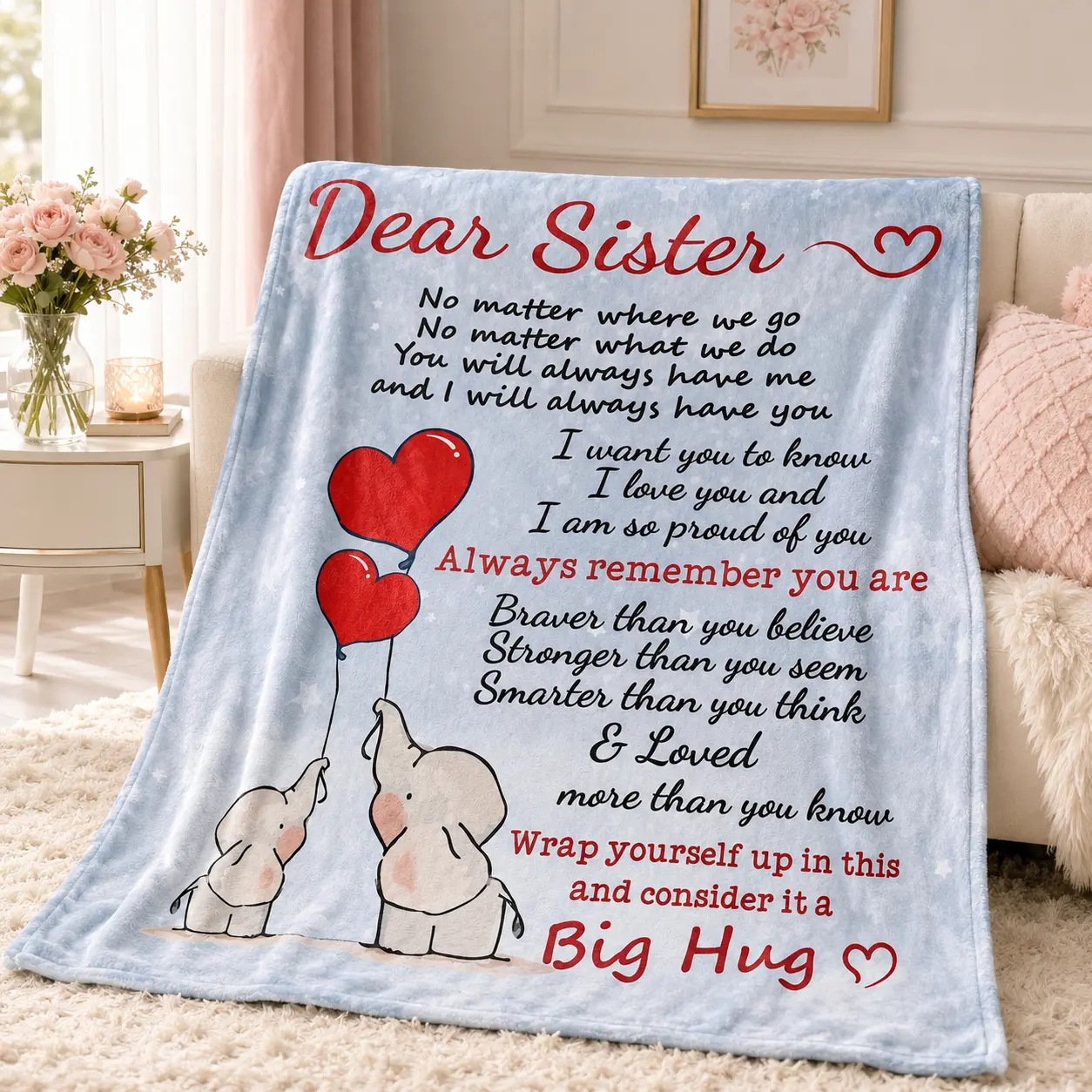 "Dear Sister" Elephant Hearts Flannel Fabric Blanket - Soft, Cozy, Warm Plush Finish Throw with Inspirational Big Hug Letter, Multi-Size, Perfect Christmas Gift for Sister 2, Women's Bedroom Home Decor