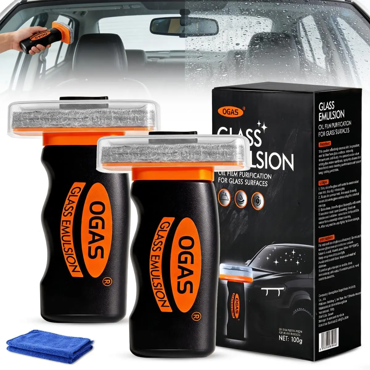 Car Glass Oil Film Remover, Quick Effective Emulsion Formula Glass Cleaner, Multifunctional Cleaning Brush & Roll-On Compound Tool, Deep Stain & Oil Residue Removal, Effortless No-Trace Polishing, Crystal Clear View for Safer Rainy Weather Driving