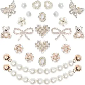 24 Pcs Shoe Charms Chain Accessories for Women Pearl Flower Clog Shoe Decoration Charms Rhinestone Shoes Charms Bling Cute Decor for Party Birthday