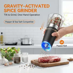 【2-pack】Gravity Electric Salt and Pepper Grinder Set Automatic Shakers Mill Grinder with LED Light, BATTERY POWERED Adjustable Coarseness One Hand Operation, Upgraded Larger Capacity