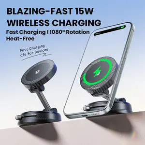 Magnetic Car Phone Mount Wireless Charger, MagSafe Compatible Folding Dashboard Holder for iPhone & Android, 15W Fast Charging Car Accessories with Super Strong Magnet, Essential Tech Gadgets for Men Women