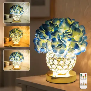 Flower Table Lamp, LED Night Light, 3 Color Modes Artificial Hydrangea Desk Lamp for Bedroom Living Room Decor, Ideal Gifts for Women Mom Wife Friend on Birthday Christmas (Hydrangea-Blue)