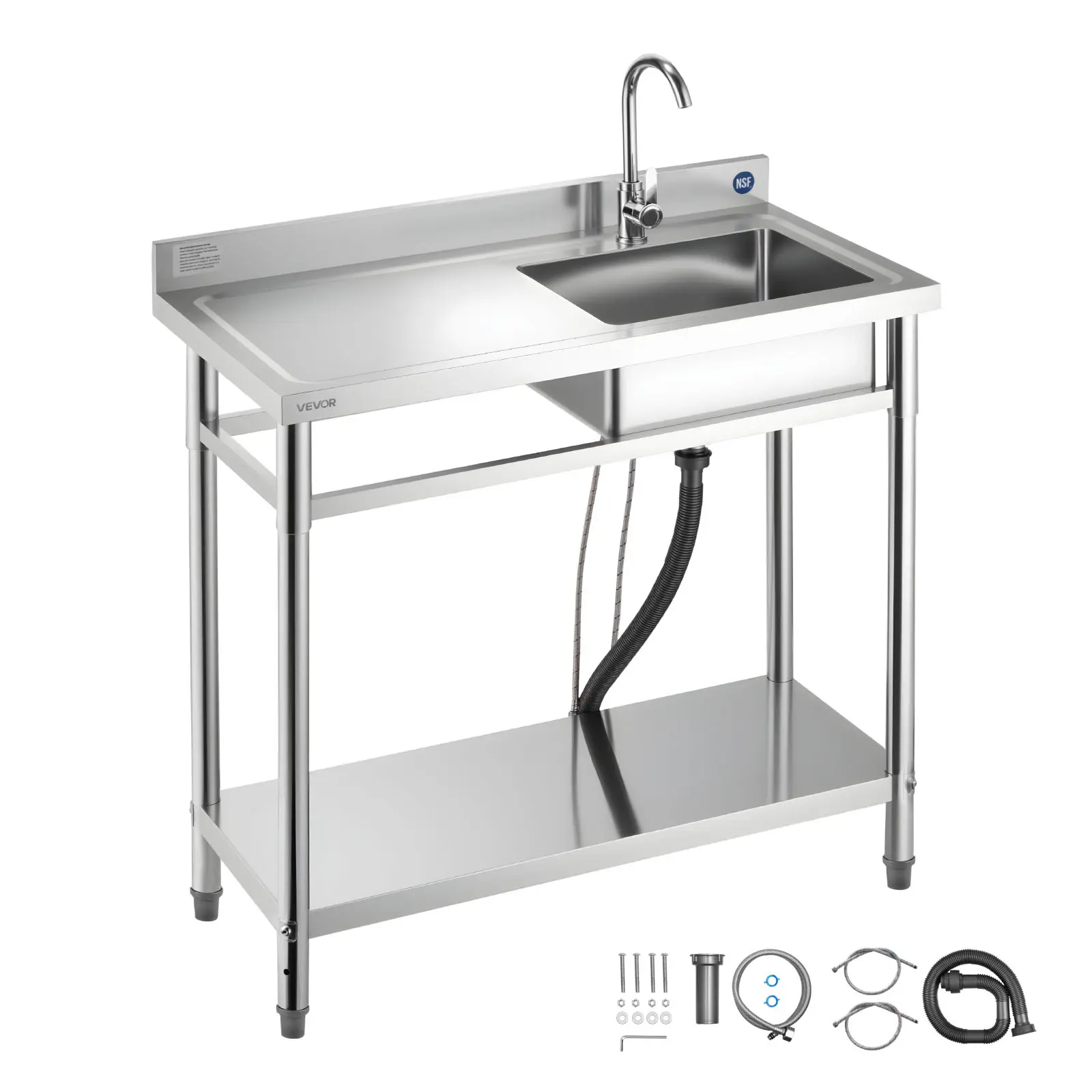 【SummerFinds】VEVOR Stainless Steel Utility Sink, Free Standing Single Bowl Commercial Kitchen Sink with Faucet, 39.4 x 19.7 x 37 in, Utility Left Basin with Hot & Cold Water Pipe for Garage, Restaurant, Laundry