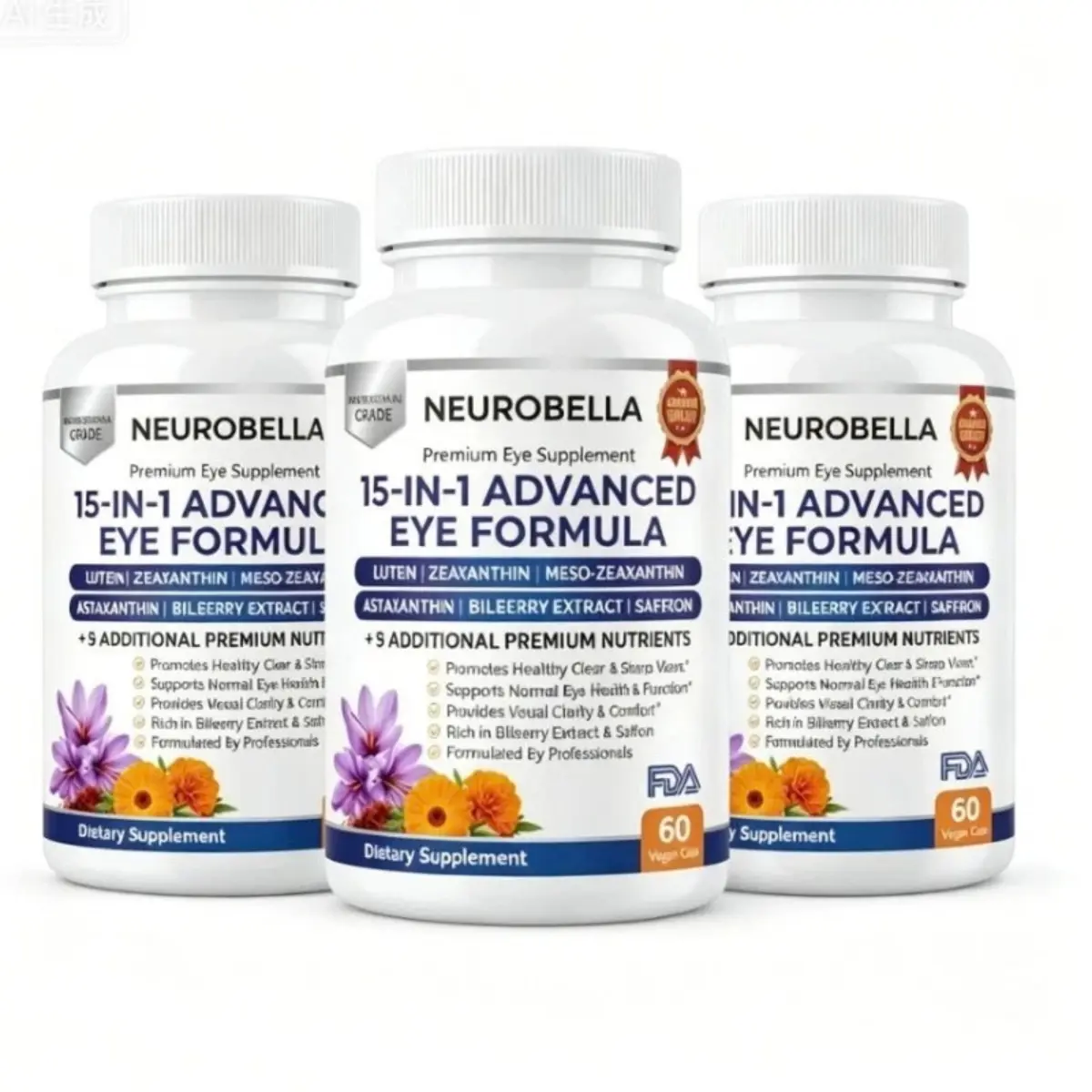 Neurobella 15-in-1 Advanced Eye Formula 3 Pack, Eye Vitamins with Lutein Zeaxanthin Meso-Zeaxanthin, Vision Support Supplement, US Stock