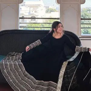 Premium high-quality  3 pis Black Embroidered Work Anarkali Suit Set SET [3 PCS]