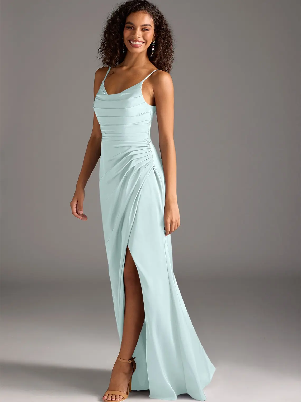 AZAZIE Deandra Women's Cowl Neck Bridesmaid Dress - Stretch Satin Mermaid Gown with Spaghetti Straps, Pleats, and Leg Slit, Party