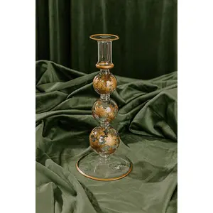 Falling Snowflakes 10 inches Gold Etched Candlestick Holder