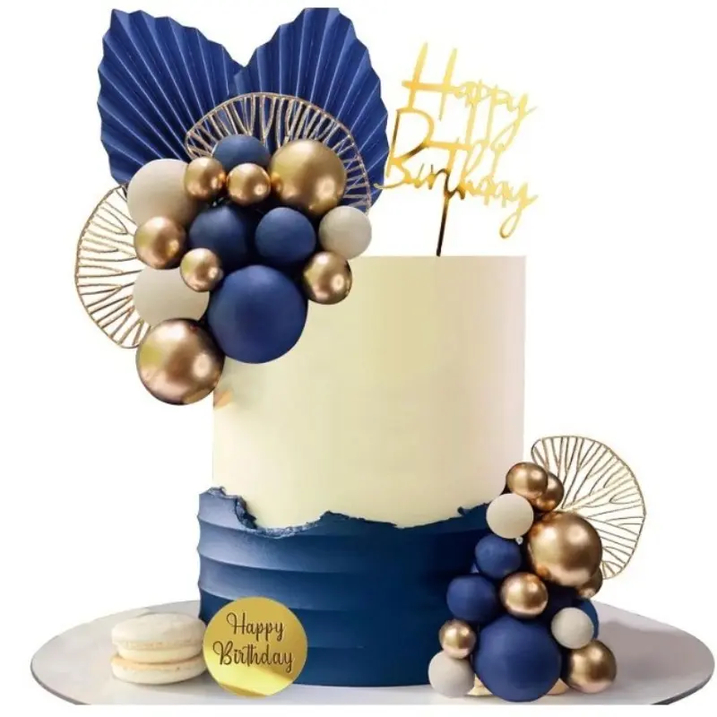28-Piece Bohemian Tropical Cake Decoration Set, Cake Decorating Kit, Gold Blue Ball Decorations, Palm Leaf Fan Shape, Wedding Birthday Party Supplies