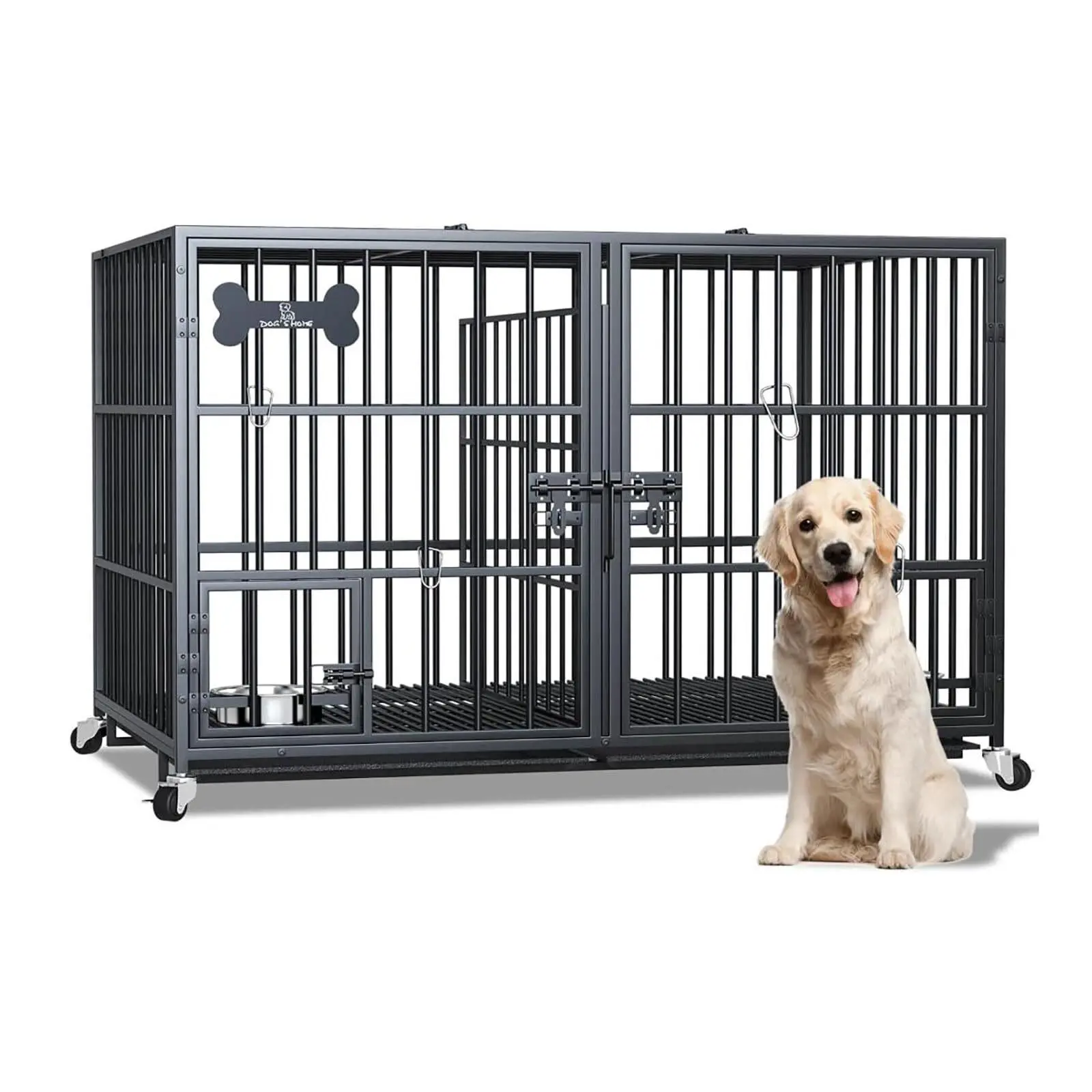 GAOMON 42-Inch Heavy Duty Steel Dog Crate for Large Dogs - Indoor Travel-Friendly Double Door Crate with Metal Frame, 4 Lockable Wheels, Adjustable Training Divider, Removable Tray, Floor Grid, Feeding Bowl, Heavy Duty Metal Construction