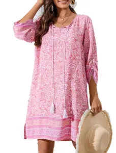 Women Casual Beach Summer Dress Boho Tassel Tie Neck 3/4 Long Sleeve Short Floral Print Flowy Cover Up Sundresses
