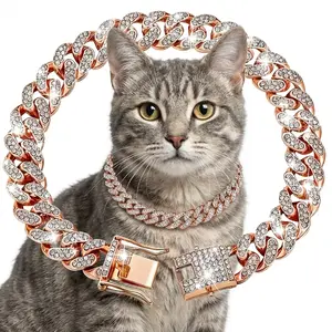 Pet Diamond Cuban Link Collar – Metal Chain Necklace with Secure Buckle, Trendy Pet Accessory for Cats & Small Dogs, 13mm Width