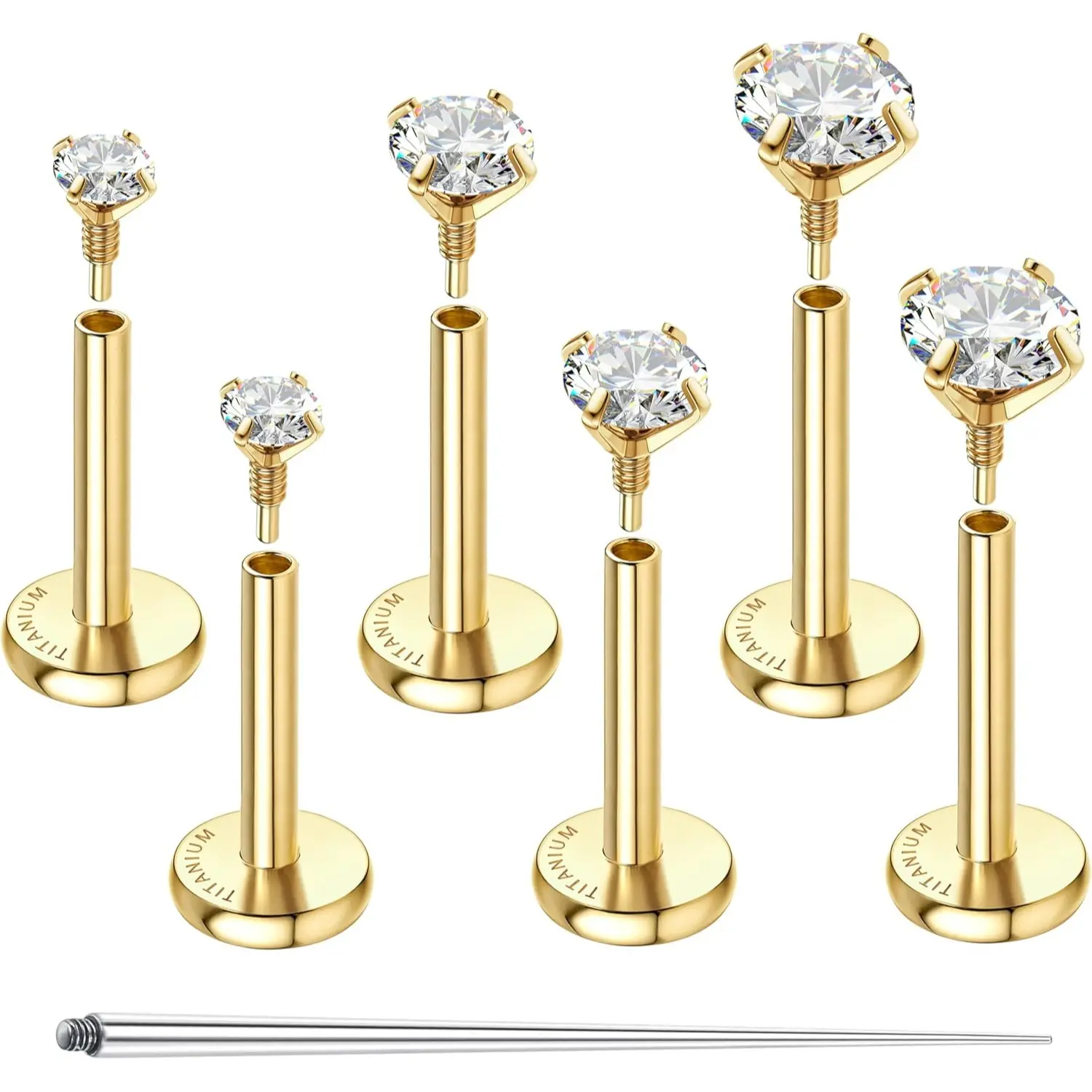 GEMQUEEN G23 Implant Grade Titanium Flat Back Studs • 14K Gold Hypoallergenic Piercing Jewelry • 16G/18G Internal Thread Studs for Helix, Tragus, Conch & Nose • Sleep-Safe & Water-Resistant (Set of 3 Pairs) DealsForYouDays
