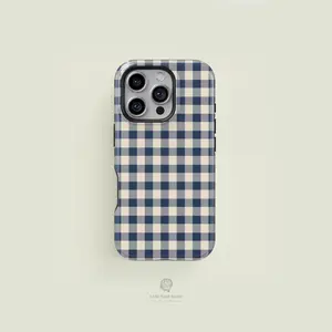 iPhone 17 Pro Max Case Face Cases Mini Gingham Navy & Cream for iPhone 17 16 15 14 13 Pro Max Plus Models