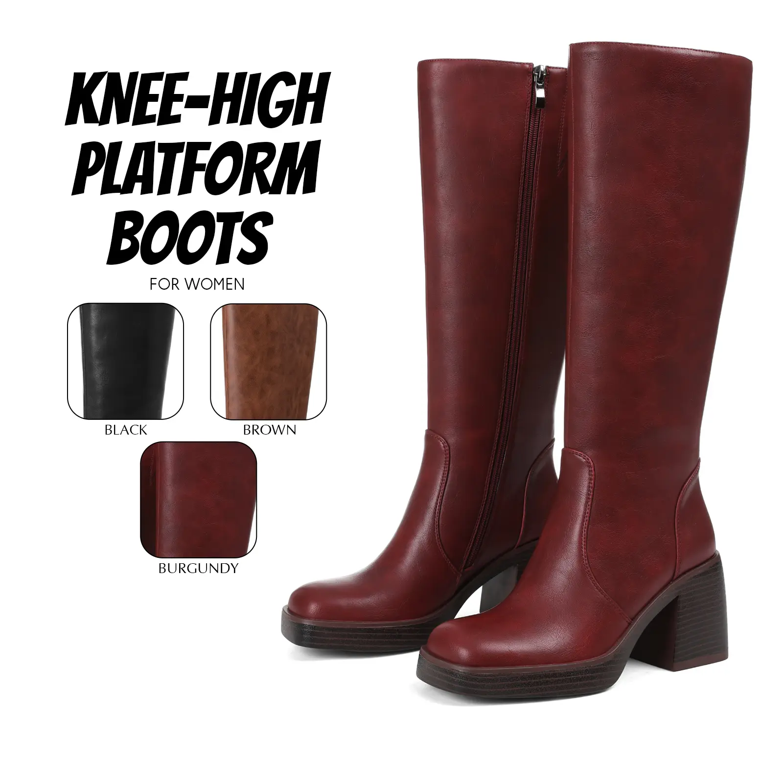 Knee High Platform Boots For Women Square Toe Chunky Block Heel Side Zipper Easy Pull On Comfy Boots Party Work Casual Long Tall Fall Spring Summer Retro Vintage Go Go Fashion Girl Boots