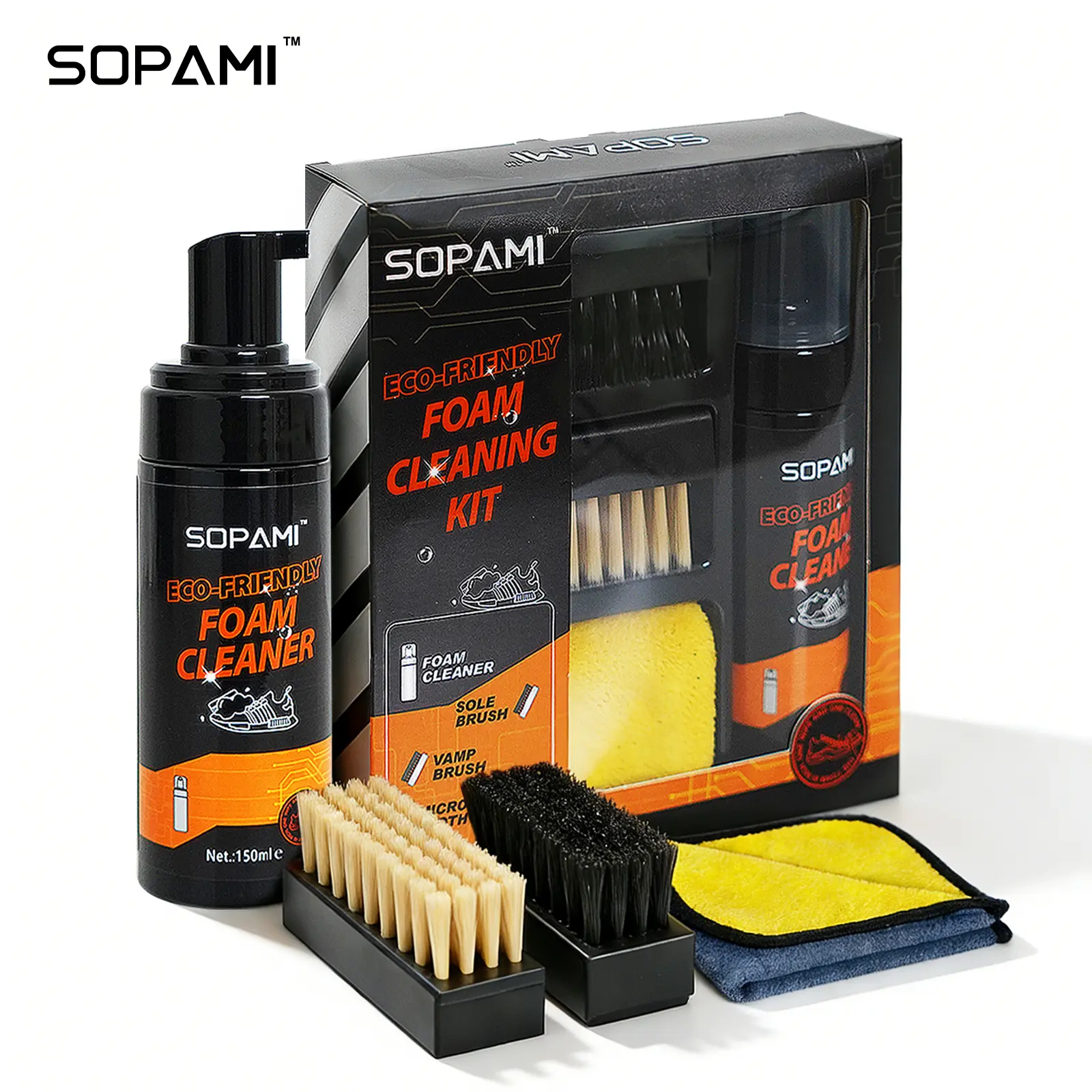 SOPAMI Eco-Friendly 150ml Foam Shoe Cleaning Kit with Dual Brushes, Waterless Deep Cleaning, Gentle Formula, Easy Home Care for Sneakers, Leather, Canvas, Mesh & Knitted Shoes