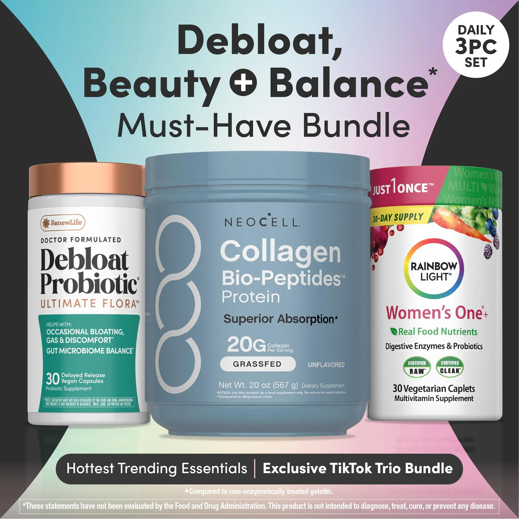 Debloat, Beauty + Balance Must Have Bundle: NeoCell Collagen Bio-Peptides Powder, Rainbow Light Women's Multivitamin, & Renew Life Debload Probiotic – Daily 3 Piece Set – Trio Bundle