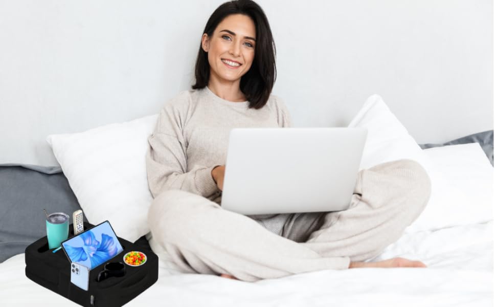 TabCouchCaddy - Couch Cup Holder Tray & Tablet Pillow Stand - Bed, Couch Caddy, Sofa, RV & Car - Holds Drinks, Snacks, Remotes, Phones, Tablet - iPad, Galaxy Tab Compatible | Bed Cup Holder (Black)