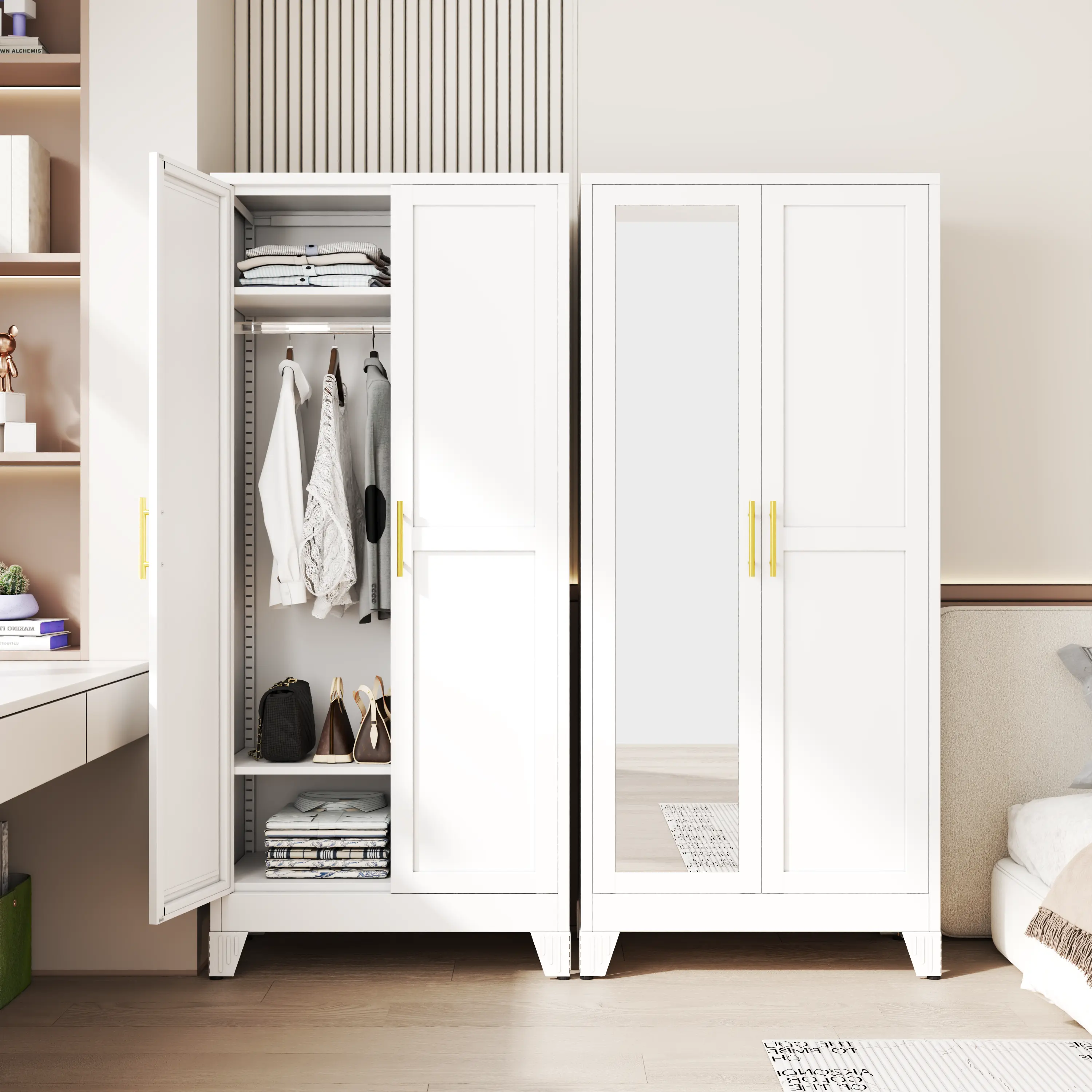 71-Inch Tall Metal Armoire Wardrobe Closet with Mirror, Adjustable Shelves, Clothes Drying Pole, Steel Wardrobe Cabinet for Bedroom