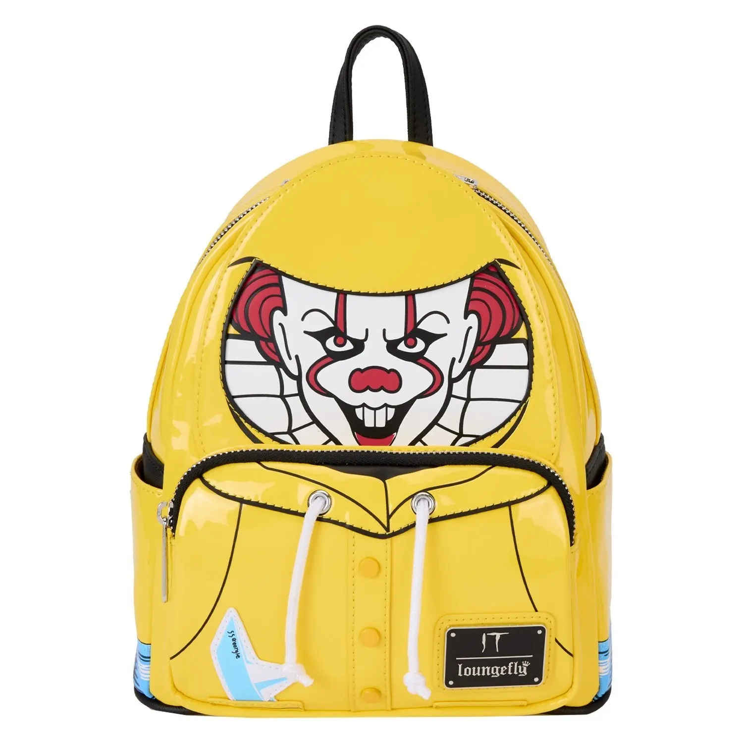 Loungefly IT Pennywise Raincoat Cosplay Mini Backpack for Women, Faux Leather Glow in the Dark Collectibles Bag, Female, Zip, Graphic, Minibackpack, 9” W X 10.5” H X 4.5” D, Character Art Backpacks, Real Buttons, Casual, Adjustable Shoulder Strap, Buttons