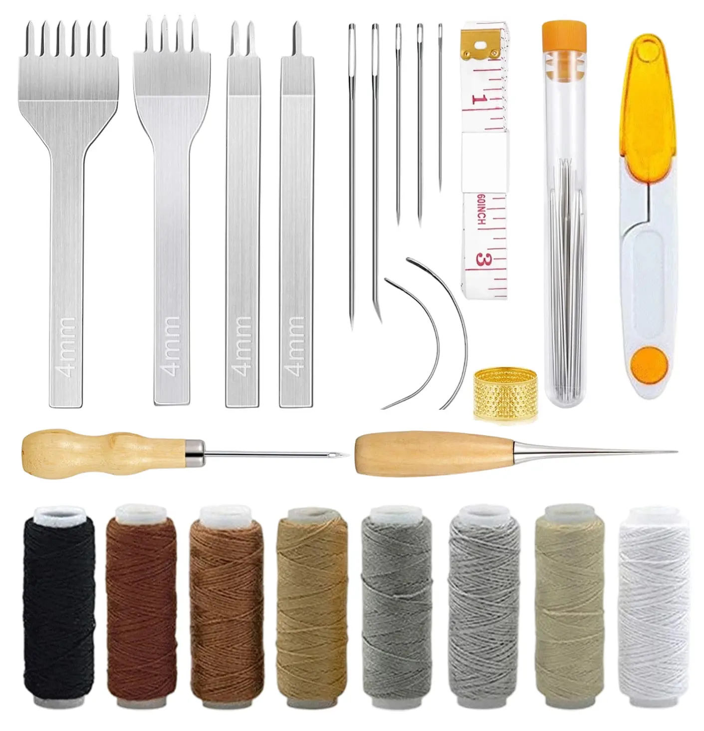 35-Pcs Leather Pouch Kit with 1 Awl, 1 Leather Sewing Piercing Tool, 19pcs Large-Eye Stitching Needles, Hole Punch, Lightweight Sewing Tools, Waxed Thread for Beginner Crafting - Home Improvement Building Supplies, 1 Measuring Tape