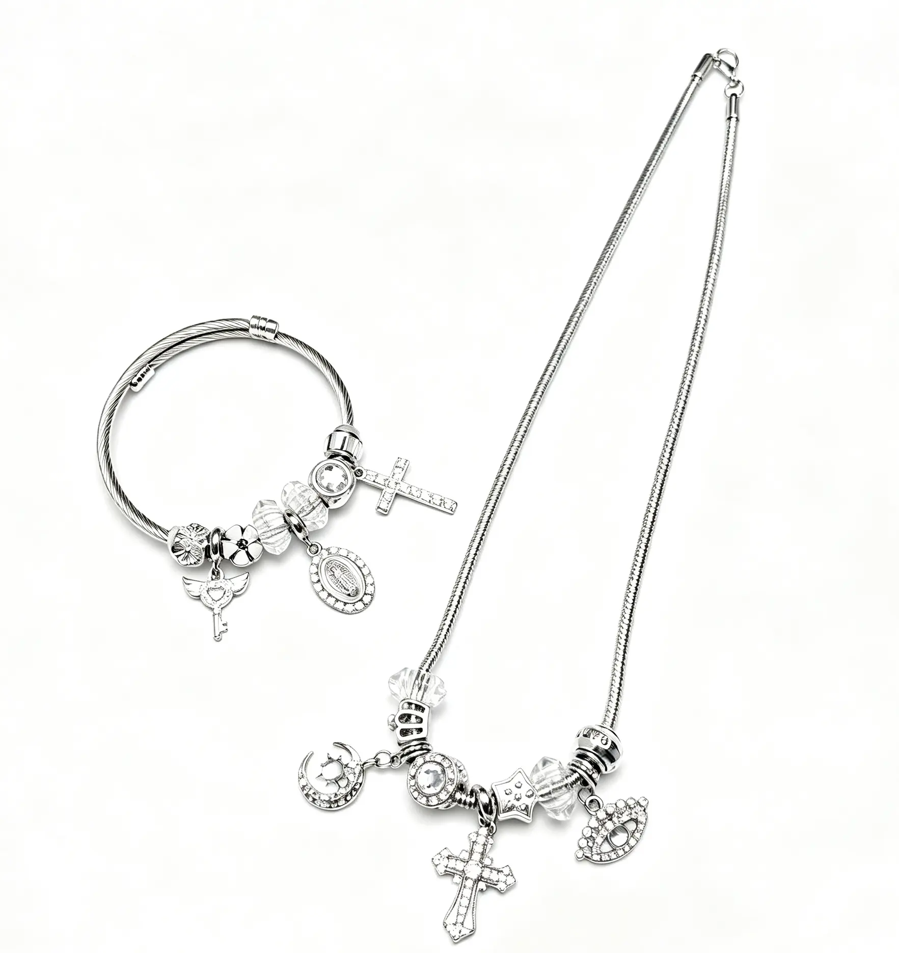 Silver Tone Snake Chain Necklace & Open Wire Cuff Bracelet Set, Multi Rhinestone Cross Moon Star Charm Jewelry Set for Women