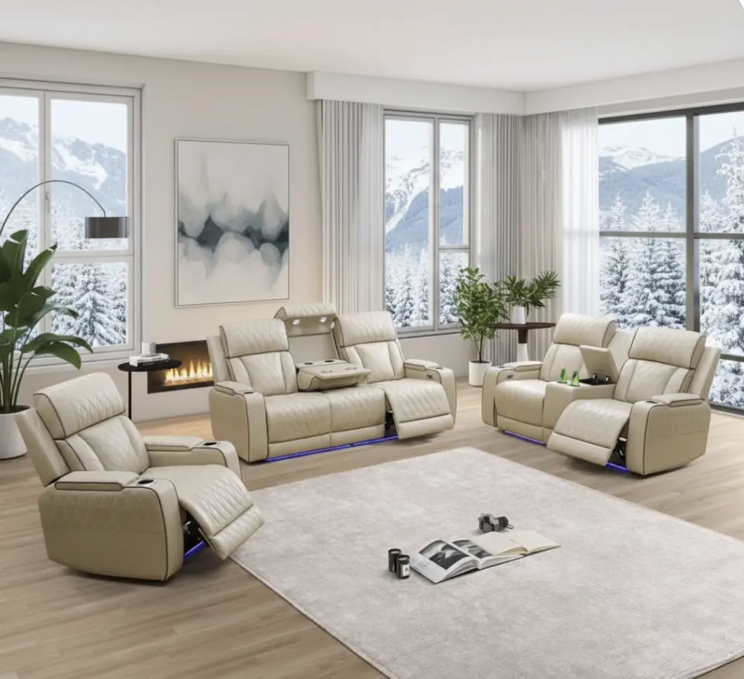 Leather Power Recliner Sofa Set with LED, Living Room Furniture Set, Leather Reclining Sofa Set with Storage for Office Home Theater  Sofa+Loveseat+Chiar)