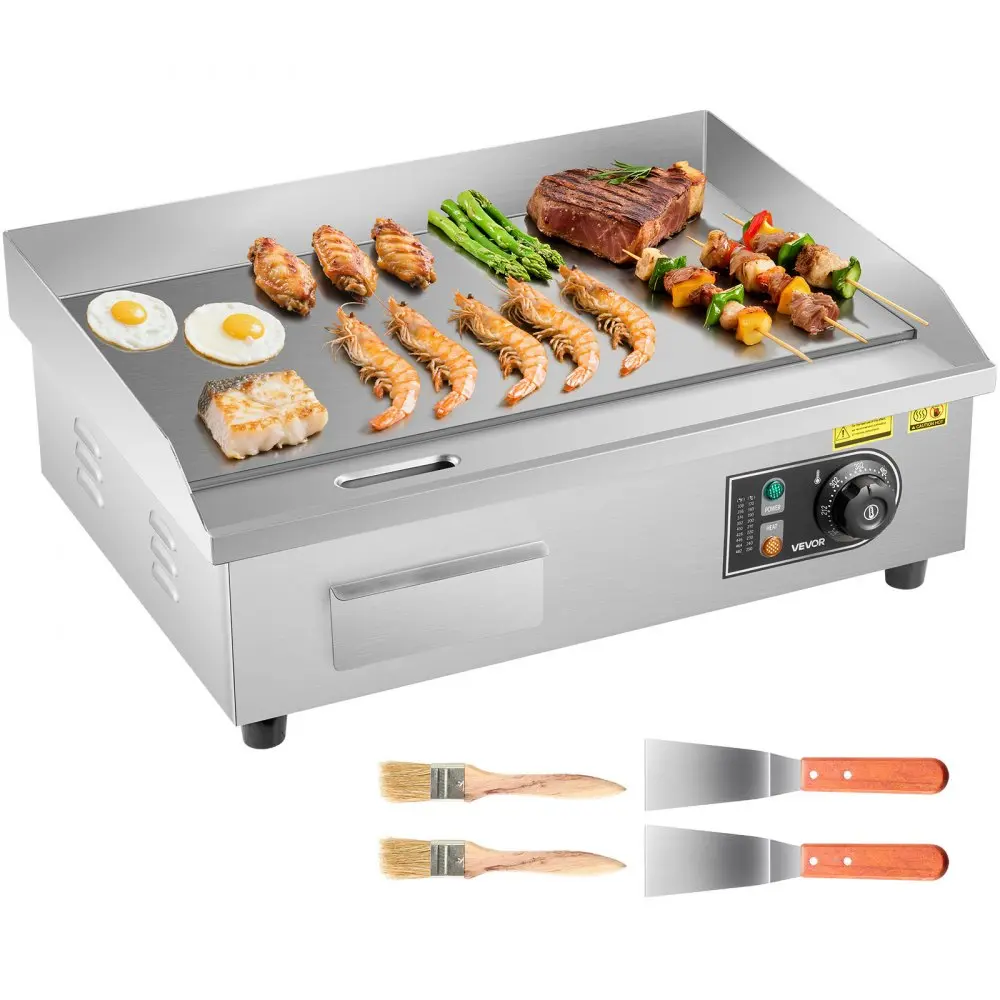 【Summerfinds】VEVOR Commercial Electric Griddle,21 x 11.8 inch1750W122-570°F Adjustable Temp ControlStainless Steel Countertop Flat Top Grill with 2 Spatulas2 Brushes and 4 Foot Padsfor SteakPancake,home essentials