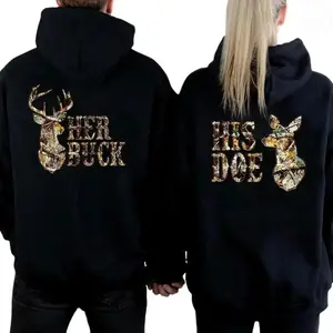 [Graphic Hoodie] Couple Matching Hoodies/T-Shirt - Her Buck His Doe Camo Hunting Couple Graphic Hoodie Casual Fleece Pullover Hooded Sweatshirt