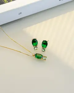 Small Luxury Oval Emerald Green & Light Green Necklace & Earring Set - Nickel-Free 18K Gold Plated High-Quality Jewelry for Sensitive Skin
