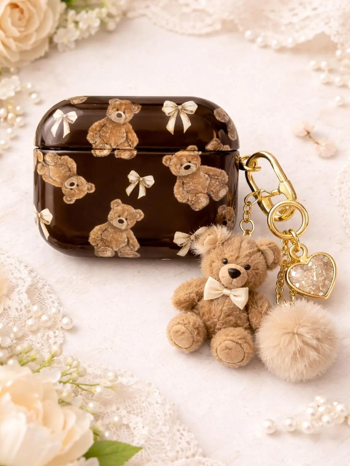 NO KEYCHAIN INCLIDED Bear Bow AirPods Case, Cute Coquette Aesthetic Cover for AirPods Gen 1 2 3 4 & Pro, Shockproof Durable Accessories Earbud Gift For Her