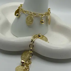 Gold Coin Charm Bracelet with Bell and Coin Pendants for Women