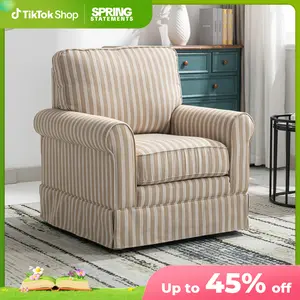 [SpringStatements] Ebello Swivel High Back  Linen Mid Century Modern Accent Chair – Wood Frame, Upholstered Seat with Waist Cushion – Elegant & Durable for Any Room，Fully Assembled, Brown Stripe