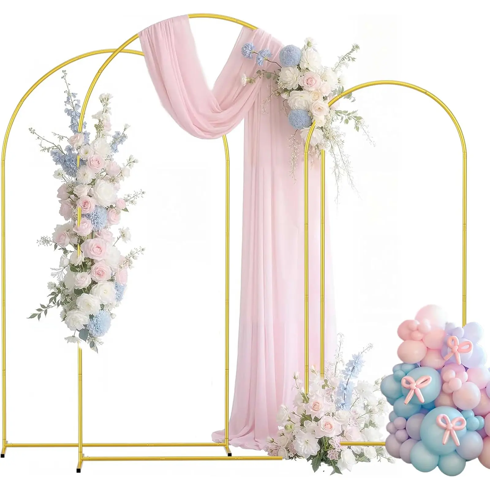 Metal Arch Backdrop Stand 3 Set (7.2ft/6.6ft/6ft), Golden Wedding Arch Frame, Balloon Arch Stand for Wedding, Shower, Birthday, Ceremony, Party Decor