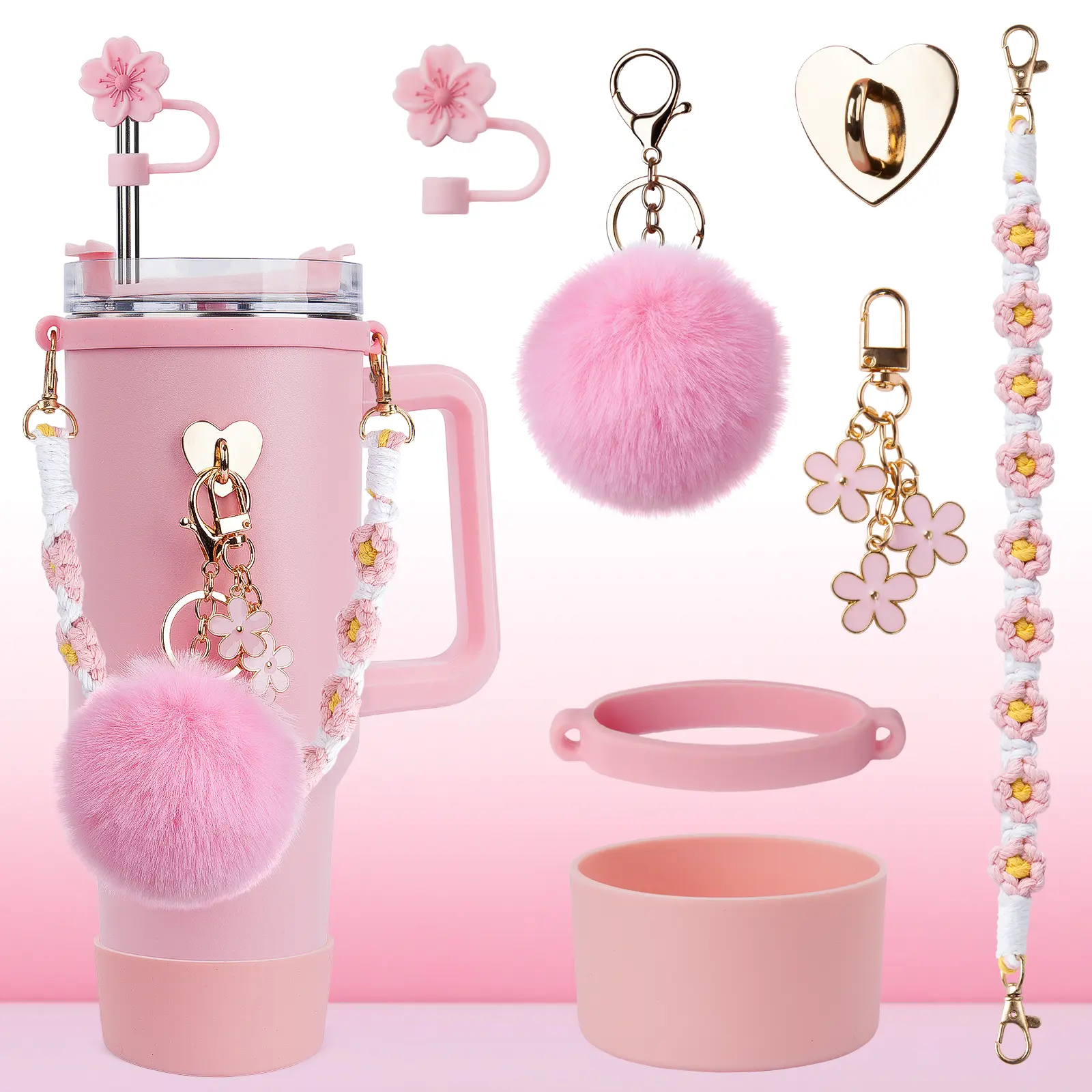 Stainless Steel Portable Vacuum Insulated Tumbler & Glass Set with Handle, Straw, Bohemian-Chic Pendant - Pink Cups & Accessories, Home & Festive Party Drinkware, Temperature Lock, Ideal Teen Girl Gifts for Iced Tea, Cold/Hot Drinks