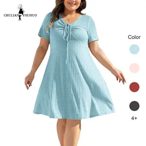 Chulianyouhuo 2026 New Arrival Plus Size Women's Dress Vertical Knit Texture Short Sleeves High-waisted A-line Mid Skirt Soft Comfortable Elegant Mid-length Dress TikTokShopJumpstartSale Casual Summer Blazers Fabric